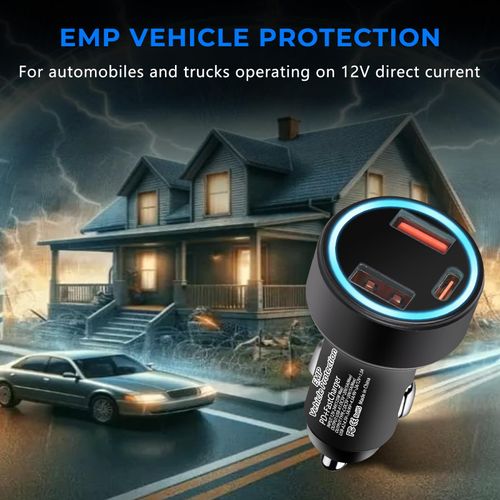 EMP Vehicle Protection, Equipped with 3-in-1 Cable and USB Port, Suitable for 12-Volt DC in Cars and Trucks, Providing Protection Against Lightning, Solar Flares, and Power Surges