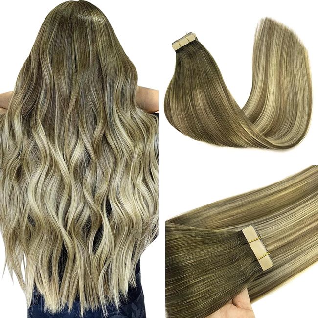 GOO GOO Tape in Hair Extensions Human Hair 24 Inch Balayage Ombre Walnut Brown to Ash Brown and Bleach Blonde Hair Extensions Tape in 20pcs 50g Long Straight Real Tape in Hair Extensions