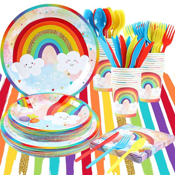 Rainbow Party Supplies, Happy Birthday Decorations for Girls & Boys -169pcs Rainbow Party Tableware Set Include 9" and 7" Party Plates and Napkins Cups Utensils with Tablecloth for 24 Guests