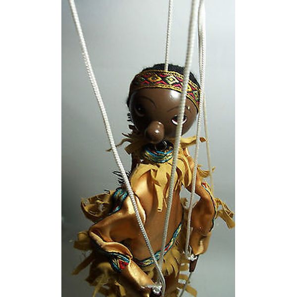 MARIONETTE PUPPET BLACK AMERICAN INDIAN WOOD VINTAGE TOY  1940's