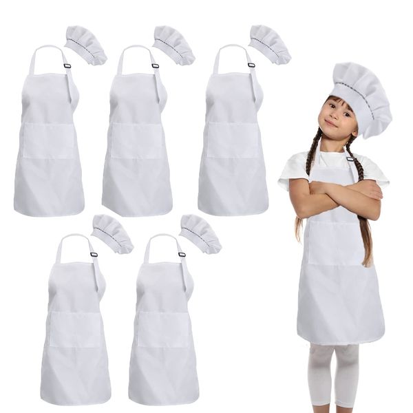 multifuns 5 Pack White Kids Chef Hat and Apron-Children Cooking Kitchen Paint Chef Craft Baking Aprons for Kids Children Girls Boys 5-12 Adges(White,One Size,5sets)…