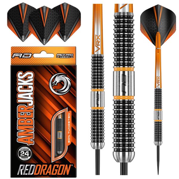 RED DRAGON Amberjack 18: 24g Tungsten Darts Set with Darts Flights & Dart Stems (Shafts) – Professional 90% Tungsten Premium Darts Set – Available in 22g, 23g, 24g, 25g, 26g, 27g, 28g, 30g