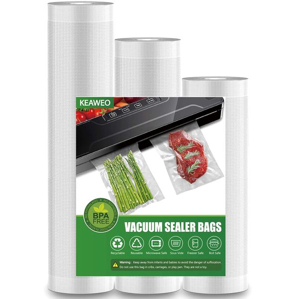 KEAWEO Vacuum Sealer Bags, Food Vacuum Seal 3 Rolls 12M for Sous Vide Cooking, Microwave, Freezer, Food Storage Preservation Seal Meal, Reusable, BPA Free Fit All Sealer Machines 20cm/25cm/28cmx 400cm