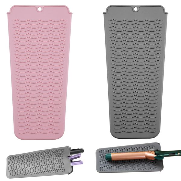 2 Pcs Heat Mat for Hair Straighteners, Professional Silicone Heat Resistant Mat Pouch for Curling Iron and Flat Iron, Portable Heatproof Protection Mat for Hair Styling Tools (Grey/Pink)