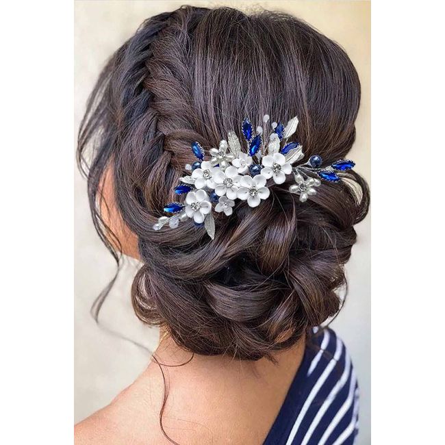 Unicra Braut Hochzeit Haarkamm Blume Haarschmuck Blau Kristall Strass Kopfschmuck Kämme Seite für Frauen und Brautjungfer