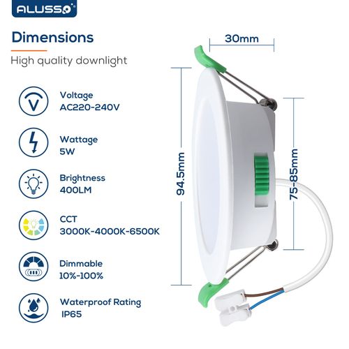 ALUSSO LED Recessed Ceiling Lights Dimmable, 5W IP65 LED Bathroom Spotlights, Warm White 3000K-Neutral White 4000K-Cool White 6500K Adjustable, Cut Φ75-85MM, 30MM Ultra-Slim Round Downlights, 6 Pack