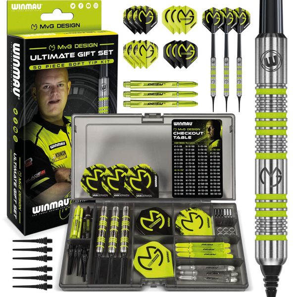 WINMAU Michael van Gerwen MVG Softip Gift Set | Plastic Tips | 50 Piece Darts Set | x4 sets of Dart Shafts (Stems) | x4 sets of Dart Flights | Darts Accessories