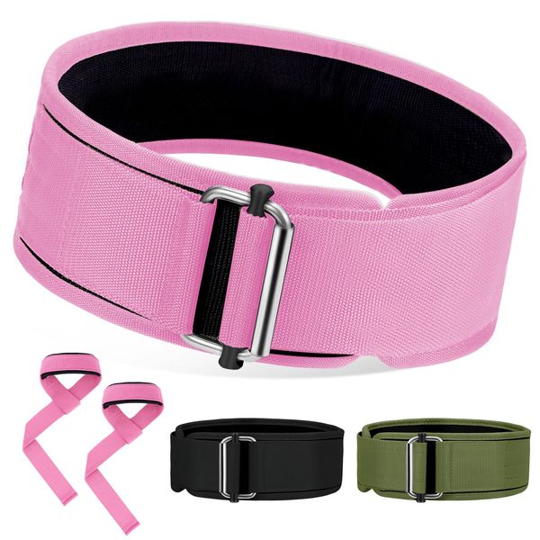 Turakun Weight Lifting Belt and Lifting Straps: Weightlifting Gym Belt for Men Women Deadlift Squats Belt for Bodybuilding Workout, 4 Inch Pink M