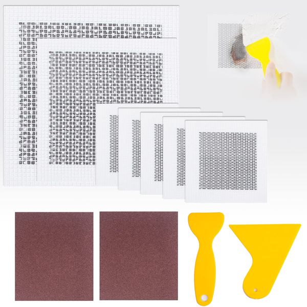 Wall Repair Kit, 11 Pcs Plasterboard Wall Patches, Includes 6 Pcs Wall Hole Filler Patch Self Adhesive with 2 Sandpaper, Plus 2 Putty Knife Perfect for Plaster Roof Drywall Crack Repair