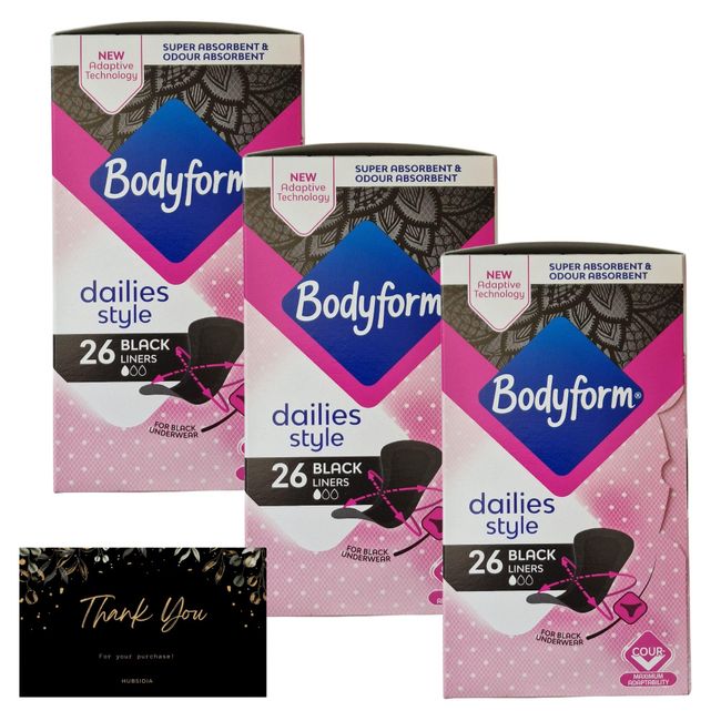 3 Packs of Bodyform Dailies Panty Liners | 26 Black Panty Liners for Women per Pack