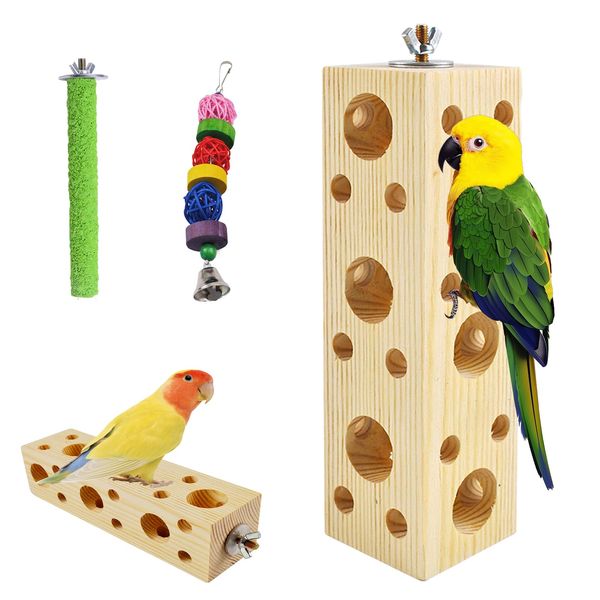 MUYG Bird Wooden Block Chewing Toy Parrot Beak Grinding Toys Wood Birds Cage Foraging Training Toys with Bird Perch for Parakeets Cockatiels Lovebird Budgie