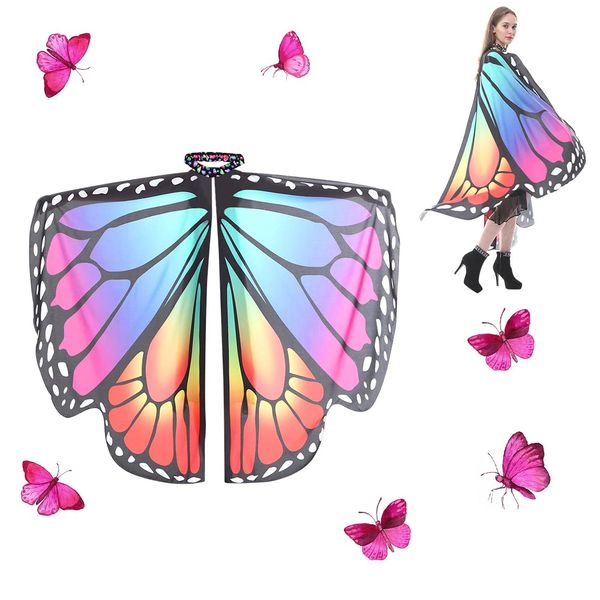 CAEEKER Butterfly Wings Womens Adult Butterfly Wings Shawl Butterfly Wings Cape Cloak Colorful Girls Ladies Fairy Wings Nymph Pixie Cosplay Accessory for Women Costume Party Dress Up (Iridescent)