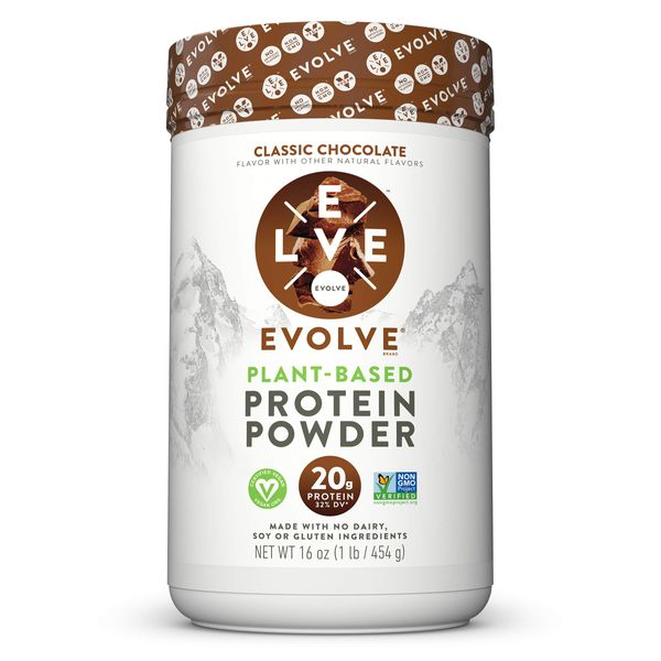 Evolve Plant Based Protein Powder, Double Chocolate, 20g Vegan Protein, Dairy Free, No Artificial Flavors, Non-GMO, 3g Fiber, 1 Pound (Packaging May Vary)