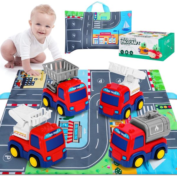 Cars Toy for 18m+ Years Old - 4 Pack Toys Car Set Push and Go Friction Powered Fire Truck Rescue Vehicle with Play Mat Construction Vehicles Toys for Toddler Boys Baby Gift