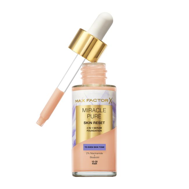 Max Factor Miracle Pure Skin Reset Serum Foundation 10-30 Fair, 2-in-1 Serum Formula, Healthy Looking Skin, Medium Coverage, Satin Matte Finish, 2% Niacinamide, Dermatologically Tested