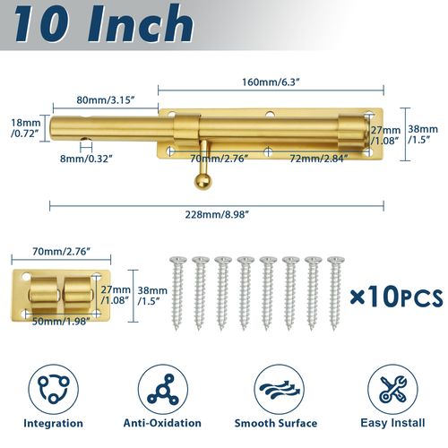 Alise 10 inch Barrel Bolt Latch,Slide Bolt Latch,Heavy Duty Solid SUS304 Stainless Steel Slide Lock for Wooden Fence,Barn Door,Interior or Outdoor Door.Gold MS9200-G
