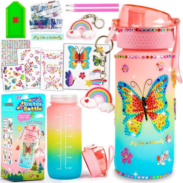 MDCGFOD Decorate Your Own Water Bottle Kits for Girls DIY Water Bottle for Girls Fun Arts and Crafts Gifts Toys Kits for 4-6-8-10 Year Old Girls Kids Birthday Christmas Gifts (Butterfly)