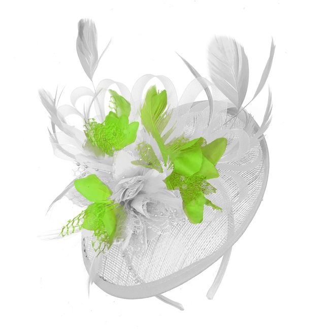 Caprilite White and Lime Green Sinamay Disc Saucer Fascinator Hat for Women Weddings Headband