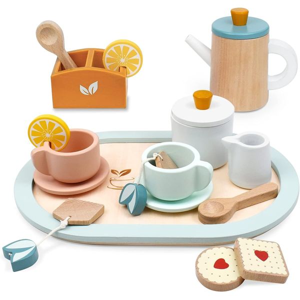 Wooden Tea Set for Little Girls, Wooden Toys Toddler Tea Set Play