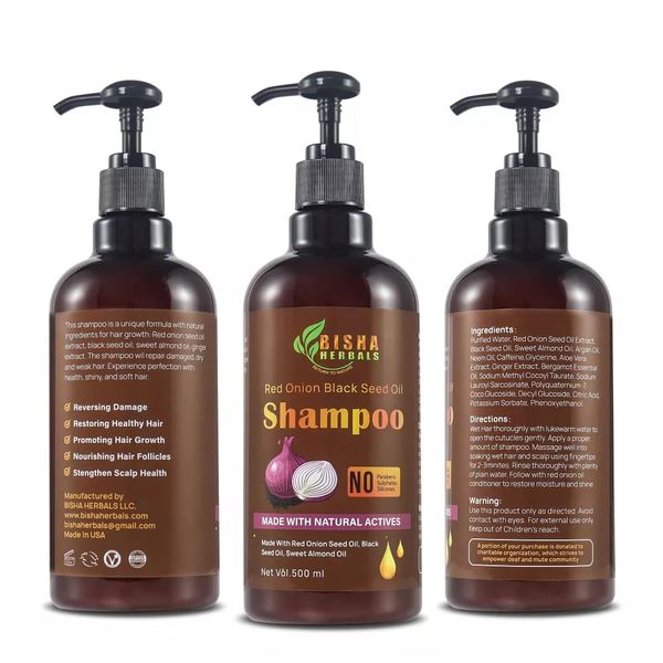 Bisha Herbals SHAMPOO Red Onion Black Seed Oil - Natural, Organic, Sulphate-free, Paraben-free - For men and women