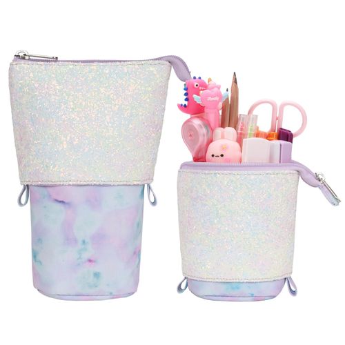 BrainyBees Standing Pencil Case Girls - Telescopic Pouch for Kids, Cute Kawaii Pencil Case for Girls, Big Capacity Stand Up Pencil Pouch for Kids, Tie-dye Purple