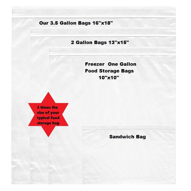 3 GALLON Large Regular Roaster Food Storage Bags, Resealable Top, BIG 3.5  Gallon Size Plastic Bags, 16 x 18, Clear, Pool, Beach, Hiking, Camping