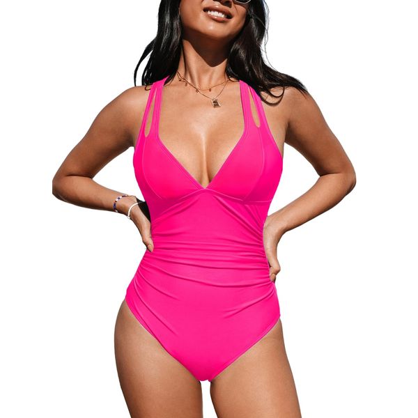 CUPSHE Women Swimming Costume Tummy Control One Piece Swimsuits Deep V Neck Double Straps Crisscross Back Tie Bathing Suits Neon Pink M