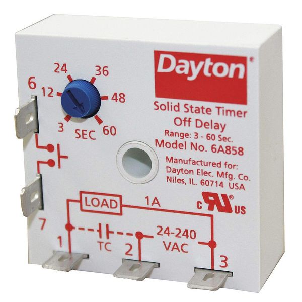 Dayton Encapsulated Timer Relay, Function: Off Delay, Status Indicator: None, 1A Contact Amp Rating (Resist - 6A858