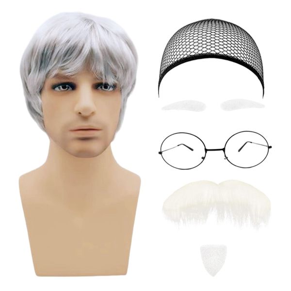 MIVAIUN 7 Pcs Grandpa Wig Set Old Man Costume Accessories Mens Wig Men Short Wig Fake Beard Eyebrows Wig Cap Glasses Man Fancy Dress Wig Old Man Wig for Carnival Cosplay Party (7 Pcs)