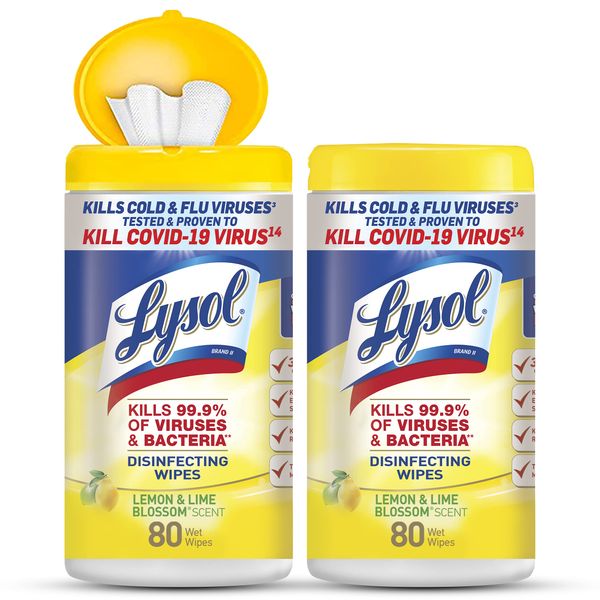 Lysol Disinfectant Wipes, Multi-Surface Antibacterial Cleaning Wipes, For Disinfecting and Cleaning, Lemon and Lime Blossom, 80 Count (Pack of 2)