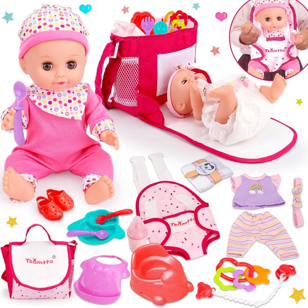 Tsomtto 12” Baby Doll Play Set Carrier Crossbody Baby Doll Diaper Bag Girl Pretend Play Toy Interactive Stuff Baby Doll Accessories for Toddlers 3-5 Realistic Babydoll Toy 2 3 4 5 Year Old Girl Gifts