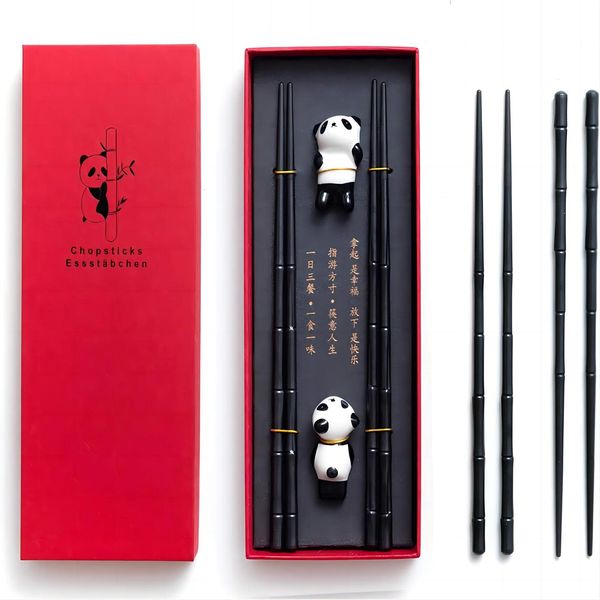 HauSun 2 Pairs Chopsticks and Chopstick Rest Gift Set- Dishwasher Safe Reusable Fiber Glass Chopsticks + Porcelain Cute Panda Chopstick Holder, Non-Slip Chinese Japanese Style Chopsticks Set, Black