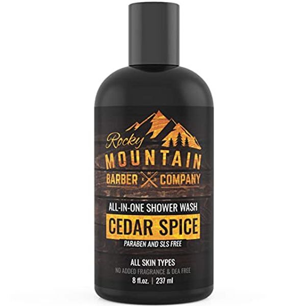 Rocky Mountain Barber Company Cedar Spice All-In-One Body Wash – Shampoo, Body Wash, Conditioner, Face Wash & Beard Wash with Essential Oils - 8 oz