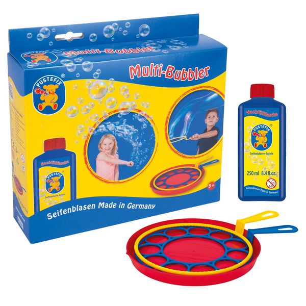 PUSTEFIX Multi Bubbler Giant Bubble Ring and Multi Bubble Ring Toy Set for Kids Includes 8.45 oz Bubble Solution Bottle and Liquid Tray Makes Big Bubbles, Multicolor, Model: 505310