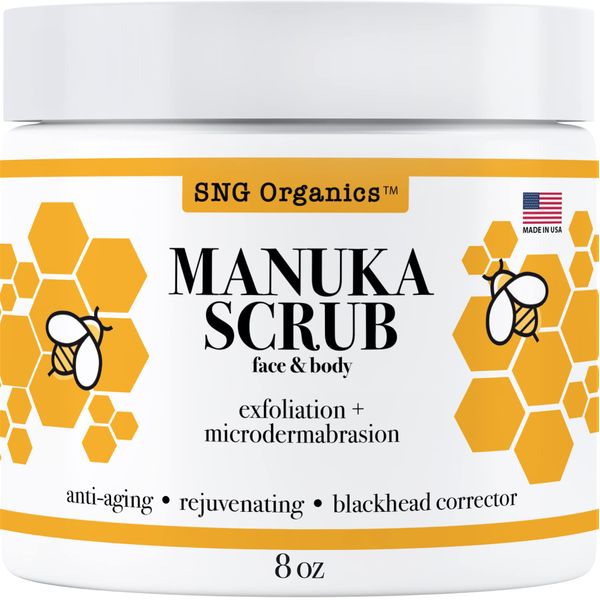 Body + Facial Scrub 8oz - Deep Pore Microdermabrasion, Face Exfoliator with Manuka Honey - Sugar Scrub Blackhead Remover - Moisturizing & Exfoliating Body Scrub for Anti-Aging, Acne, Wrinkles