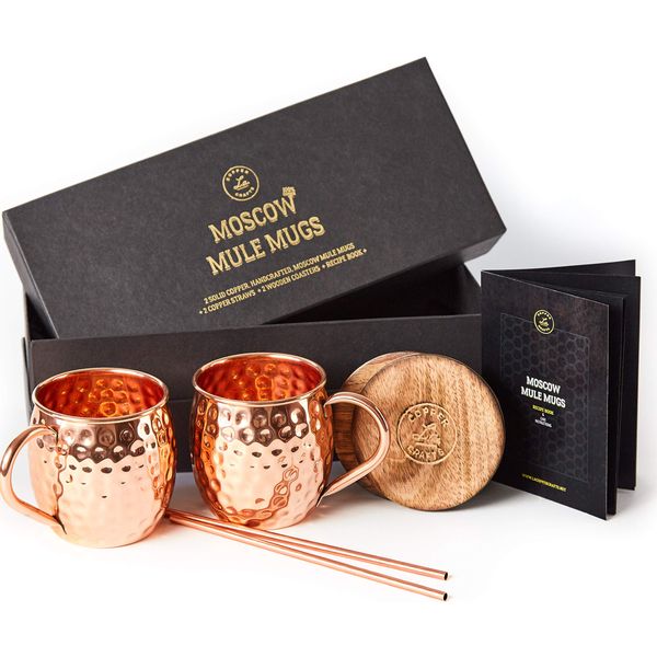 Moscow Mule Copper Mugs Set - 2 Authentic Handcrafted Copper Mugs (16 oz.), 2 Straws, 2 Solid Wood Coasters and Recipe Book - Gift Box Included