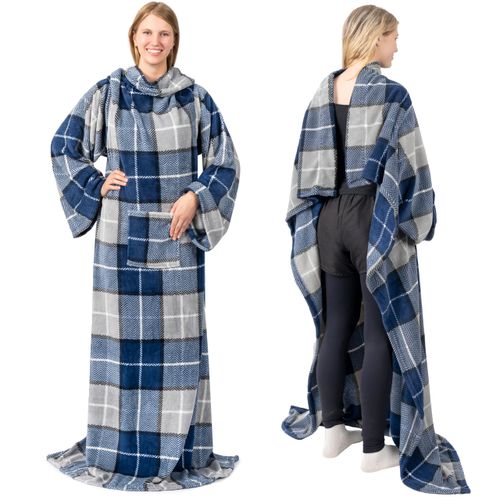 PAVILIA Wearable Blanket with Sleeves for Adults Women Men, Plaid Navy Blue Fleece Soft Warm Full Body Wrap Throw, Front Pocket, Cozy Robe Blanket with Arm, Gifts for Christmas, Mom Wife