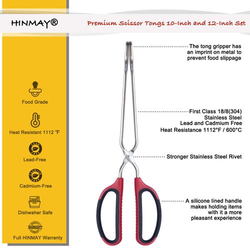 HINMAY Stainless Steel Scissor Tongs 10-Inch and 12-Inch Set, Set of 2