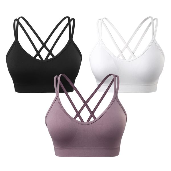 VEQKING Womens Crisscross Sports Bra Wirefree Comfort Workout Bras for Yoga Fitness Bra with Removable Cups 3 Pack