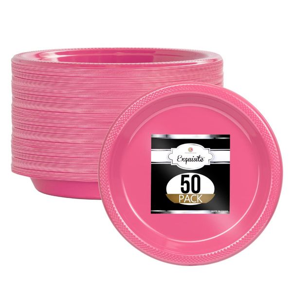 Exquisite 9 Inch. Cerise Plastic Plates - Solid Color Disposable Plates - 50 Count
