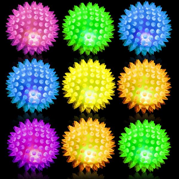 9 Pack Light up Spike Rubber Ball,Blinking Spiky Bouncy Ball 2.55inch,Flashing Light up LED Spiky Balls,Glow in The Dark Spiky Sensory Stress Balls for Kids Teens Adults Stress Relief Party Favors