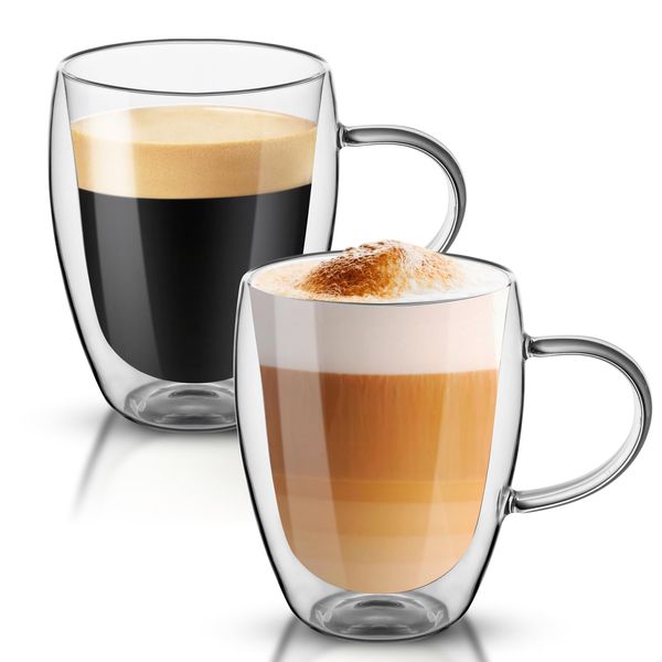 Dyserbuy 2 Pack Double Walled Glass Mug, Cappuccino Drinking Cups, Insulated Glass Coffee Cup with Handle, Perfect for Espresso, Latte, Espresso, Tea, Juice, Beverage (350ml/ 12oz)