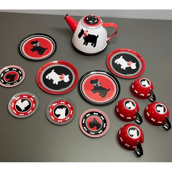 Schylling Red Scotty Dog Tin Tea Set 13 Piece Teapot Plates Cups Saucers Tray