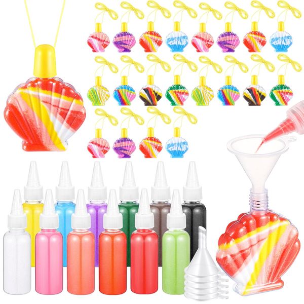 Relaxgiant 37 Pcs Shell Shaped Sand Art Bottle Necklace Kits Include 20 Pcs Plastic Sand Art Bottles Necklace, 12 Pcs 12 Colored Art Sand, 5 Mini Plastic Funnels for DIY Art Crafts Class Supplies