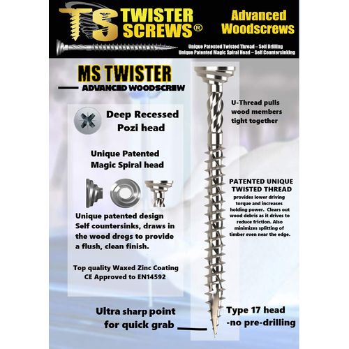Twister Screws Advanced Multipurpose Wood screw, Unique Patented design,Self Drilling, Self Countersinking, Ultra sharp Quick Grab Point (200, 4x30mm)