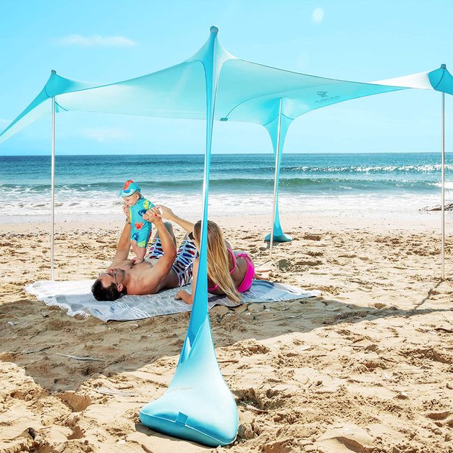 SUN NINJA Pop Up Beach Tent Sun Shelter UPF50+ with Sand Shovel, Ground Pegs and Stability Poles, Outdoor Shade for Camping Trips, Fishing, Backyard Fun or Picnics (7x7.5FT 4 Pole, Turquoise)