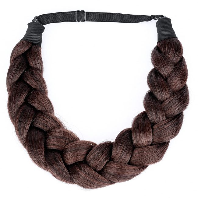 BOBIYA Afro Thick Yaki Straight Wide 2 Strands Synthetic Braided Headband Kinky Straight Plait Headband (Dark Burgundy Brown)