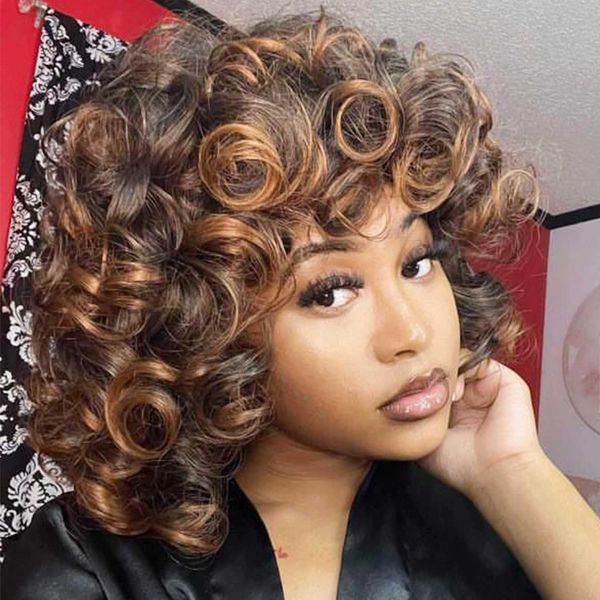 YOSILADY Brown Curly Wigs for Black Women Short Curly Wig with Bangs Soft Loose Curly Wigs for Women Synthetic Fiber Glueless Hair for Daily (Brown)