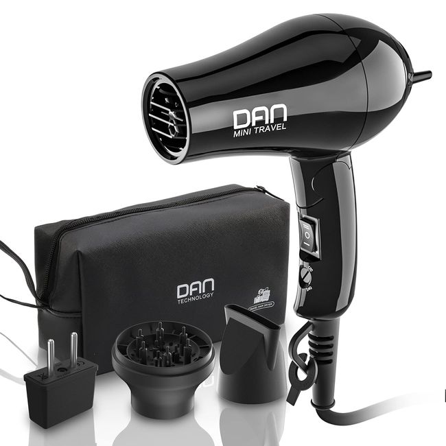 Dan Technology Travel Hair Dryer,Compact Hair Dryer,Portable Mini Blow Dryer with Concentrator&Diffuser,European Hair Dryer with European Plug,Folding Handle Lightweight,Fast Drying for Women and Men