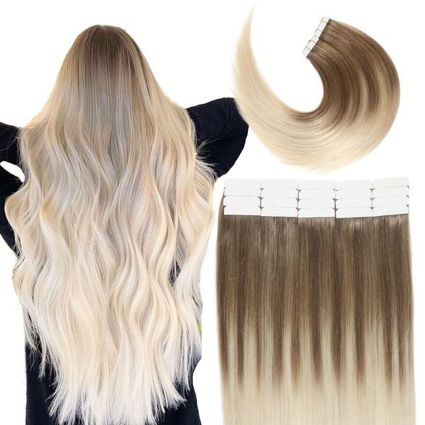 VINBAO Tape Extensions Echthaar Blond Balayage 8 Aschbraun bis 60 Platinblond Remy Invisible Tape Extensions Natürliche Skin Weft 45cm 20 Stück 50G Tape in 18 Zoll #8T60